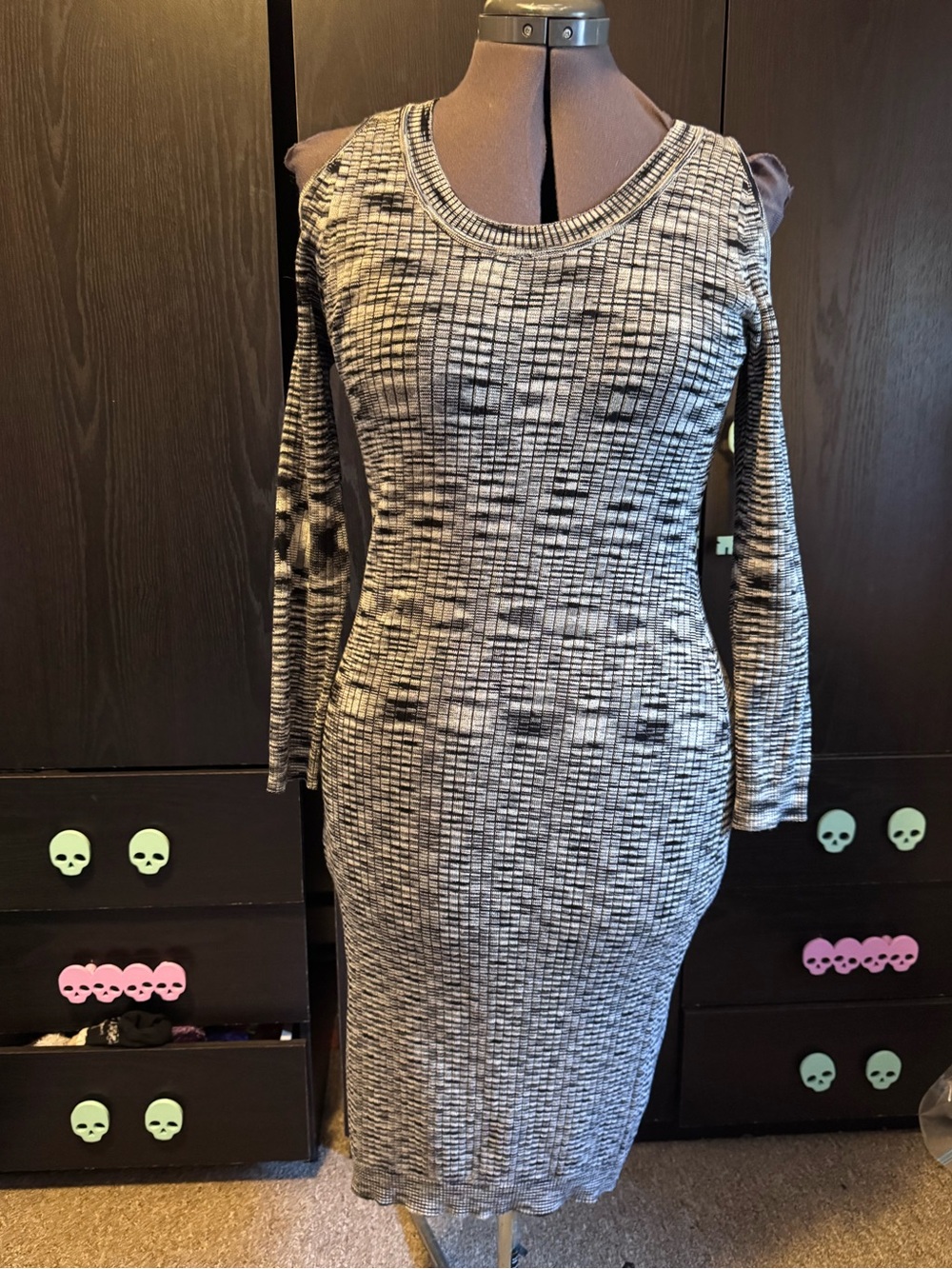 Pink Rose Gray Ribbed Cold-Shoulder Midi Dress